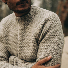 fit model wearing The Fisherman Sweater in Heather Ash, chest shot