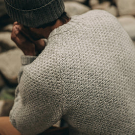 fit model wearing The Fisherman Sweater in Heather Ash, back shot