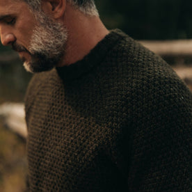 fit model wearing The Fisherman Sweater in Loden, shoulder detail