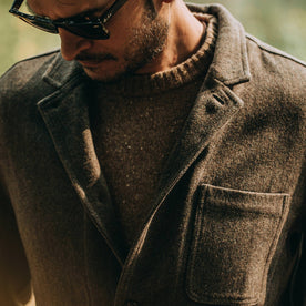 fit model wearing The Gibson Jacket in Olive Herringbone Wool, chest