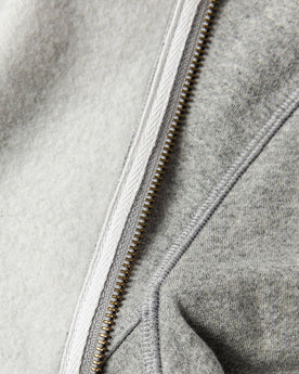 material shot of The Heavy Bag Bomber in Heather Grey Fleece with inside fleece visible and compared next to exterior, Knits by Taylor Stitch