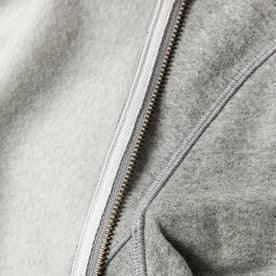 material shot of The Heavy Bag Bomber in Heather Grey Fleece with inside fleece visible and compared next to exterior