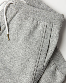 flatlay of The Heavy Bag Pant in Heather Grey Fleece with diagonal reinforced hand pocket visible, Pants by Taylor Stitch