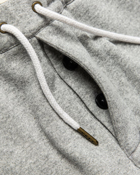 material shot of The Heavy Bag Pant in Heather Grey Fleece's hidden button fly, Pants by Taylor Stitch