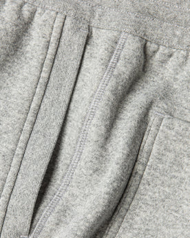 material shot of The Heavy Bag Pant in Heather Grey Fleece's side seam showing diversity of knit stitching and ribbing details throughout, Pants by Taylor Stitch
