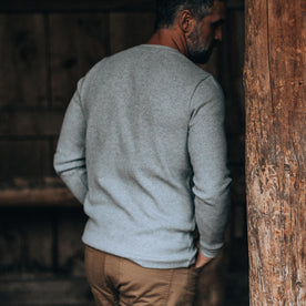 our fit model wearing The Heavy Bag Waffle Henley in Ash—back shot