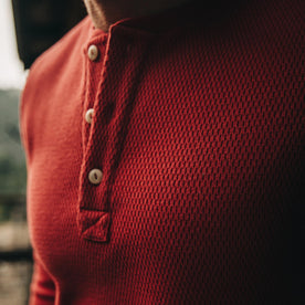 The Heavy Bag Waffle Henley in Cardinal—cropped shot of chest, Knits by Taylor Stitch
