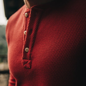 The Heavy Bag Waffle Henley in Cardinal—cropped shot of chest