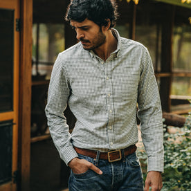 fit model wearing The Jack in Brushed Ash Gingham, hand in pocket
