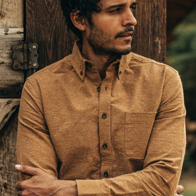 our fit model wearing The Jack in British Khaki Donegal—cropped shot, looking right