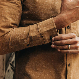 our fit model wearing The Jack in British Khaki Donegal—wrist shot