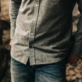 our fit model wearing The Jack in Charcoal Donegal—cropped shot from chest down