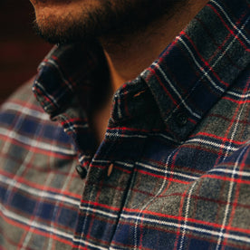 fit model wearing The Jack in Brushed Grey Plaid, cropped shot of collar