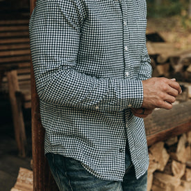 fit model wearing The Jack in Brushed Navy Gingham, sleeve shot