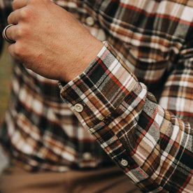 fit model wearing The Jack in Brushed Wheat Plaid, cropped shot of wrist