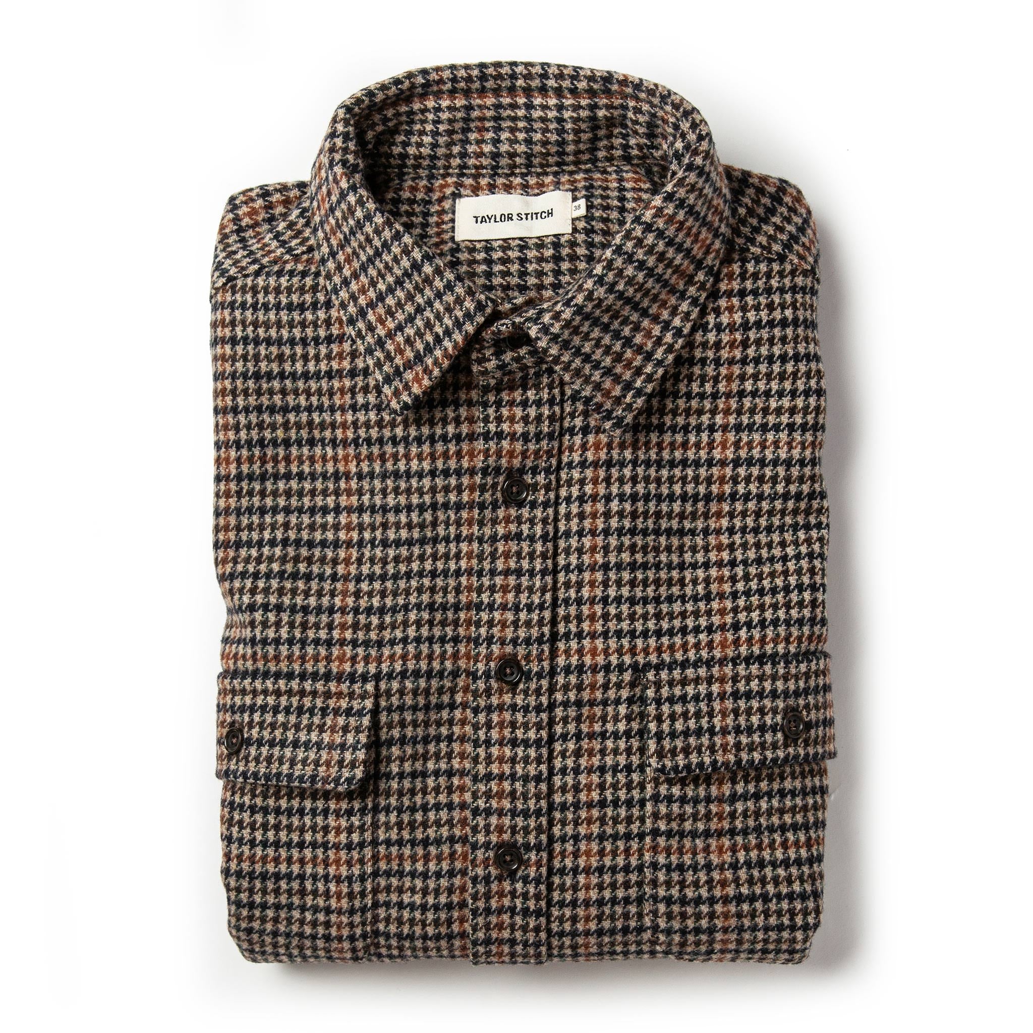 Flatlay of The Leeward Shirt in Houndstooth with sleeves folded, Wovens by Taylor Stitch