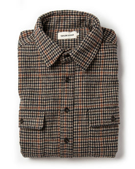 Flatlay of The Leeward Shirt in Houndstooth with sleeves folded, Wovens by Taylor Stitch