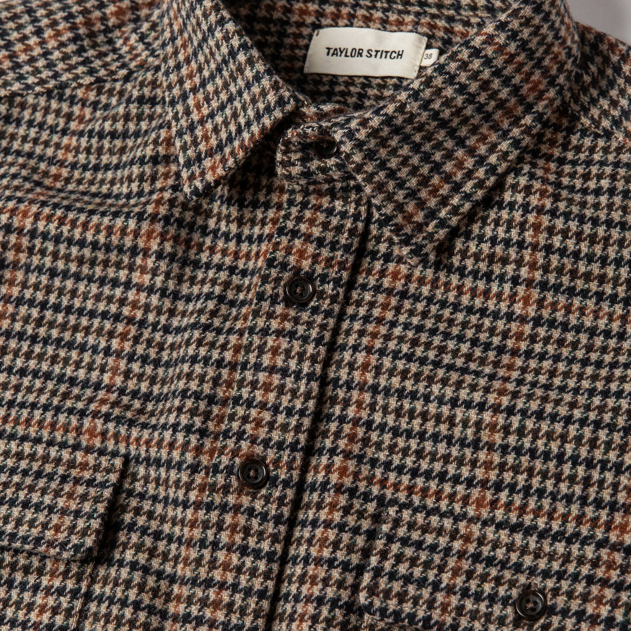 material shot of The Leeward Shirt in Houndstooth showing placket and collar, Wovens by Taylor Stitch