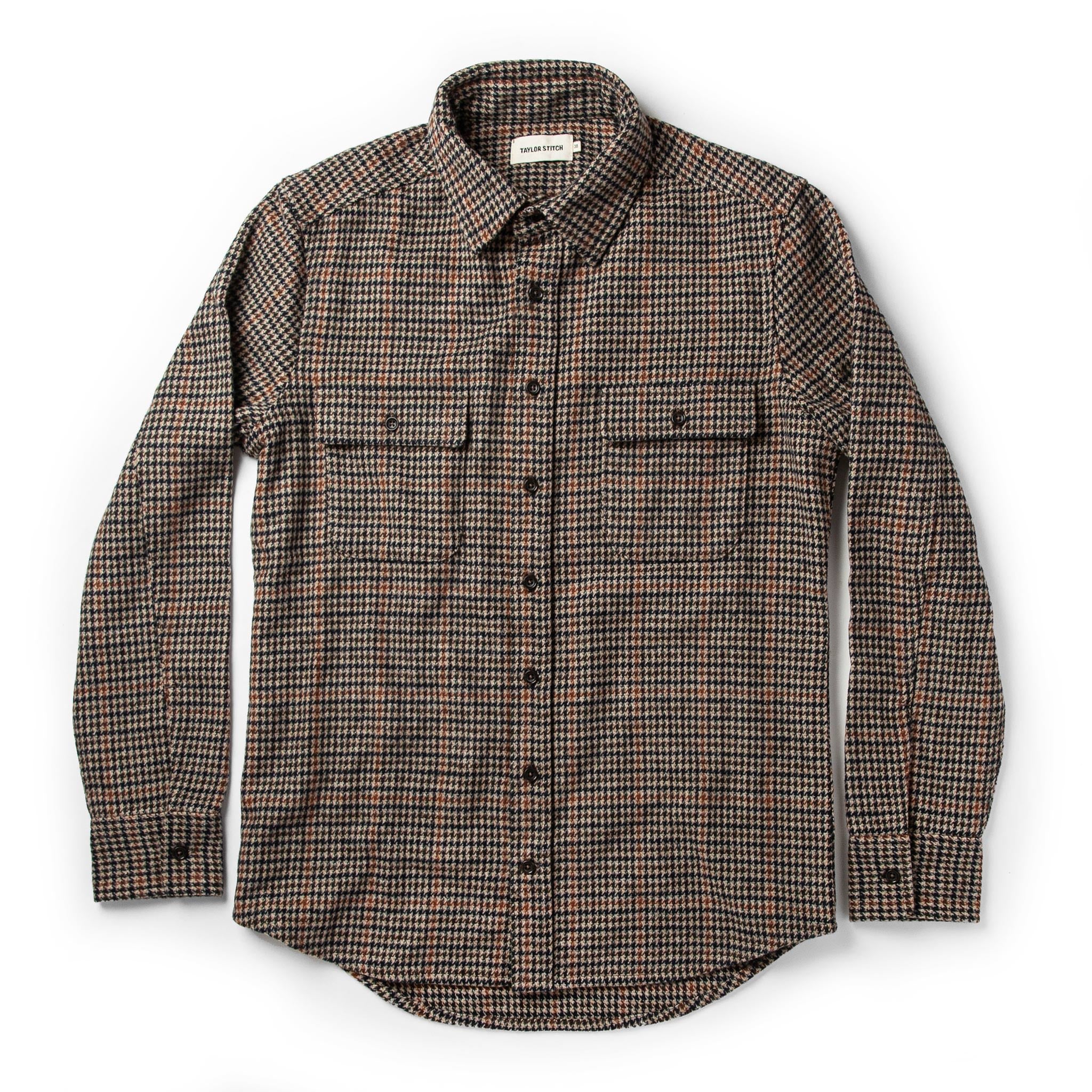 flatlay of The Leeward Shirt in Houndstooth with sleeves folded out, Wovens by Taylor Stitch