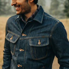 The Long Haul Jacket in Cone Mills Reserve Selvage, smiling, shot of chest detail