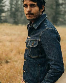 The Long Haul Jacket in Cone Mills Reserve Selvage, side shot looking at camera, Outerwear by Taylor Stitch