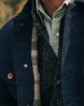The Long Haul Jacket in Indigo Sashiko, chest material shot, Outerwear by Taylor Stitch