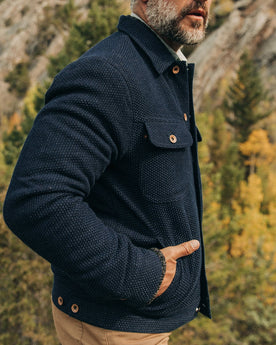 The Long Haul Jacket in Indigo Sashiko—cropped shot, hands in pockets, Outerwear by Taylor Stitch