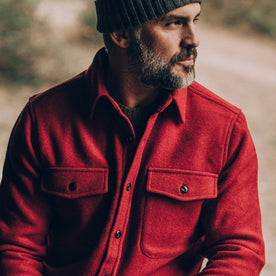 our fit model wearing The Maritime Shirt Jacket in Clifford Red—cropped shot, looking right
