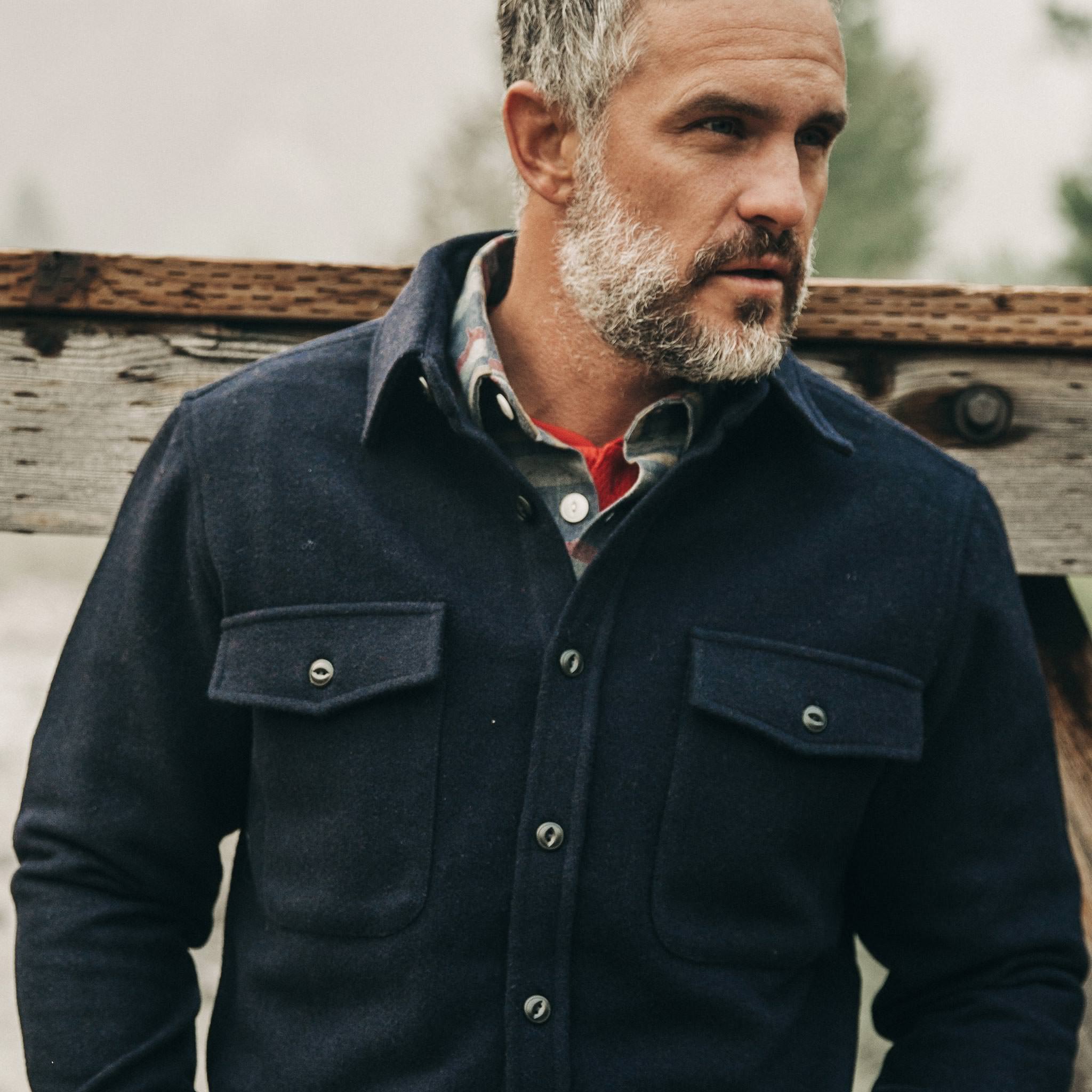 The Maritime Shirt Jacket in Deep Navy—looking right, Wovens by Taylor Stitch