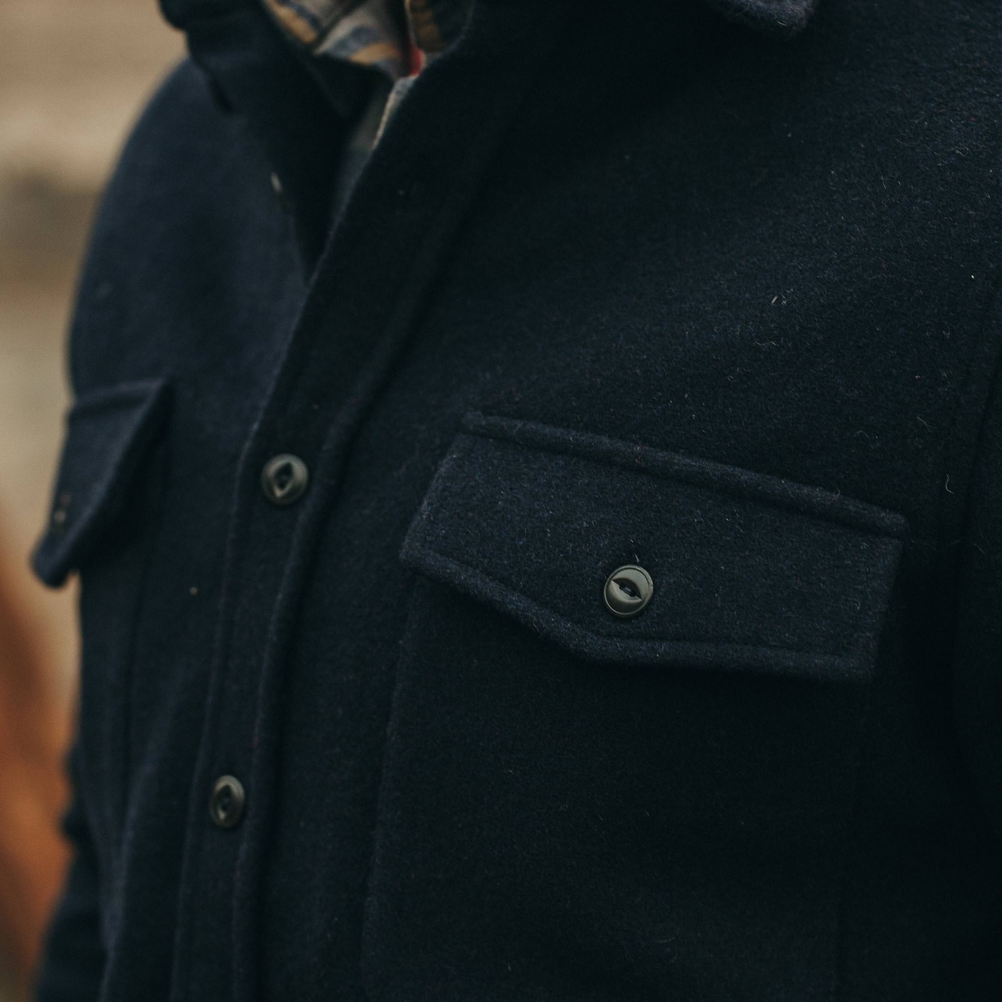 The Maritime Shirt Jacket in Deep Navy—cropped shot of chest, Wovens by Taylor Stitch
