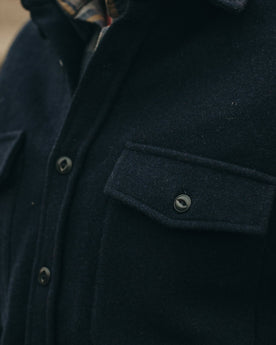 The Maritime Shirt Jacket in Deep Navy—cropped shot of chest, Wovens by Taylor Stitch