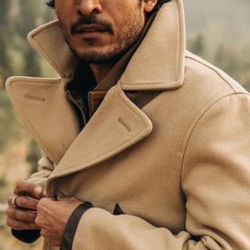 fit model wearing The Mendocino Peacoat in Camel Wool, cropped chest