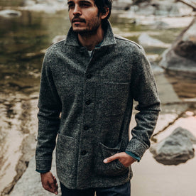 our fit model wearing The Ojai Jacket in Charcoal Wool—cropped shot forehead down