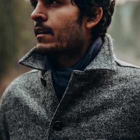 our fit model wearing The Ojai Jacket in Charcoal Wool—cropped shot of chest up