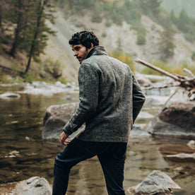 our fit model wearing The Ojai Jacket in Charcoal Wool—looking left