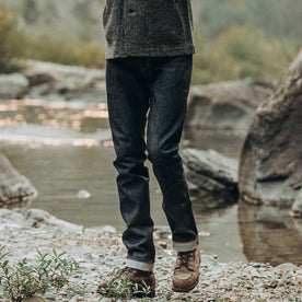 fit model wearing The Slim Jean in Cone Mills Reserve Selvage, waist down
