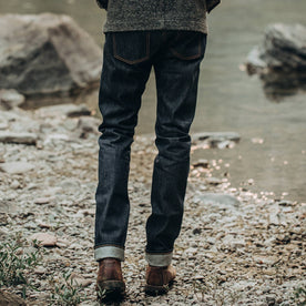 fit model wearing The Slim Jean in Cone Mills Reserve Selvage, back shot