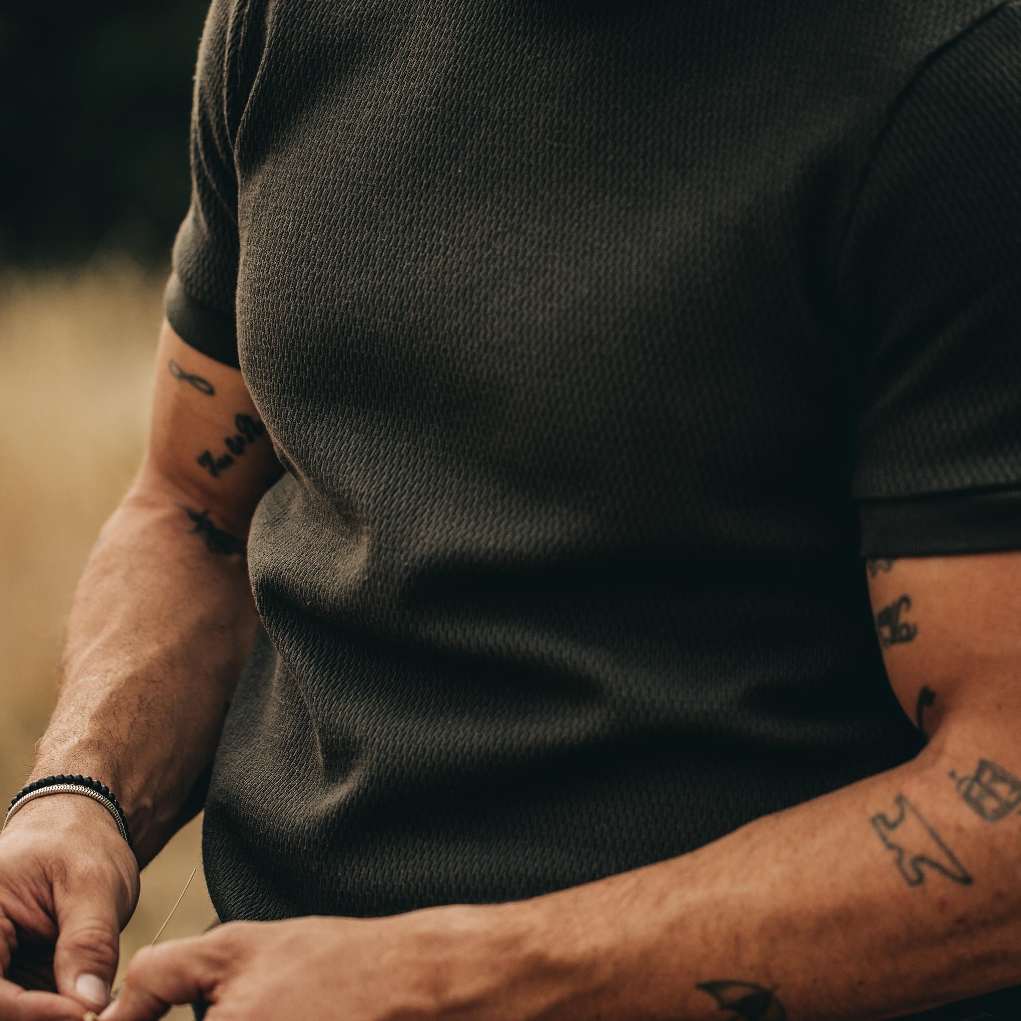The Heavy Bag Waffle Short Sleeve in Olive—shot of chest, Knits by Taylor Stitch