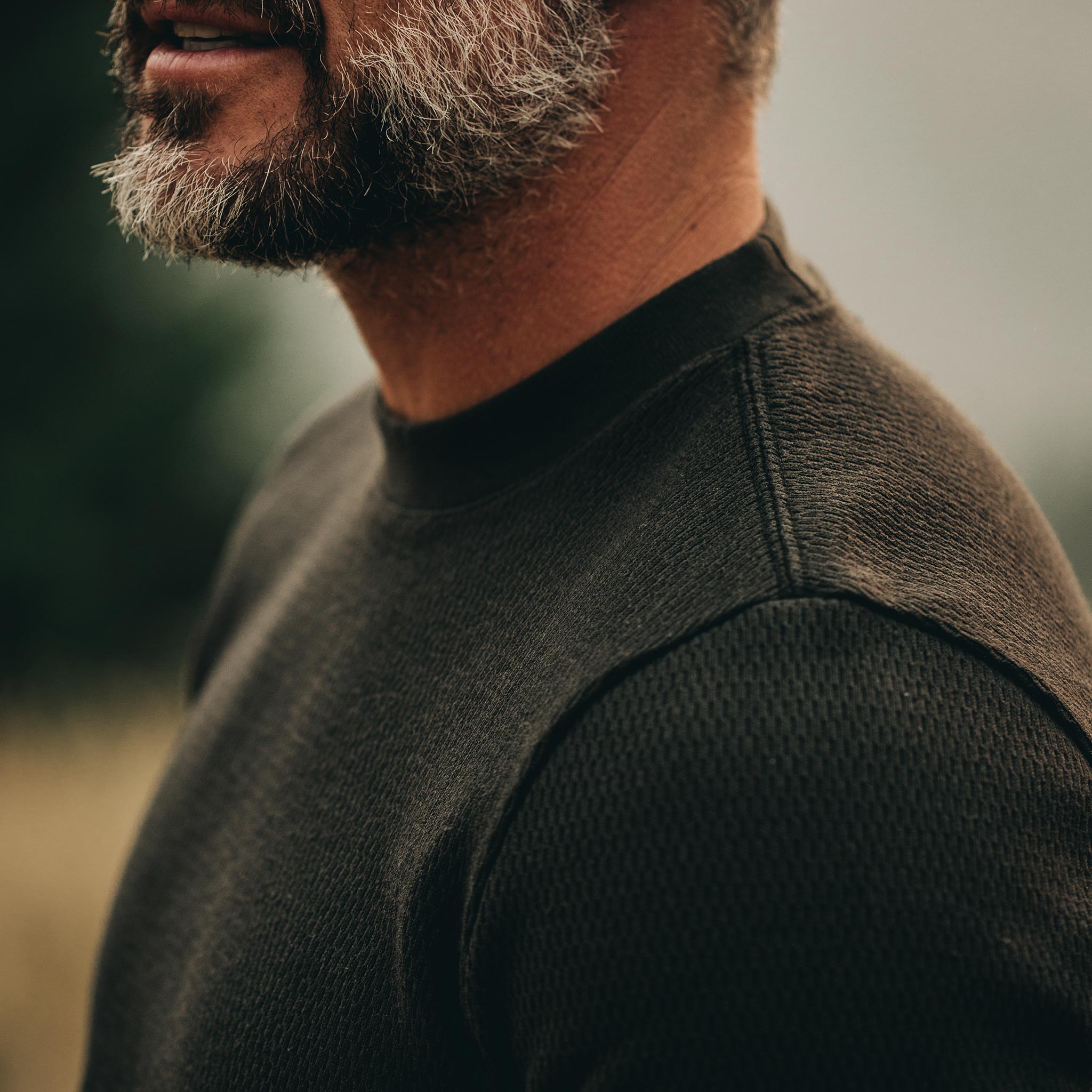 The Heavy Bag Waffle Short Sleeve in Olive—shoulder detail, Knits by Taylor Stitch