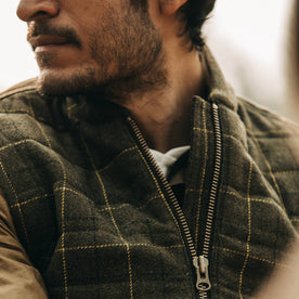 fit model wearing The Vertical Vest in Olive Plaid Wool, chest shot