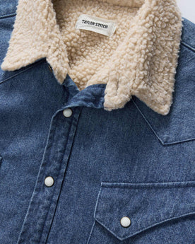 material shot of the collar on The Western Shirt Jacket in Washed Indigo, Wovens by Taylor Stitch