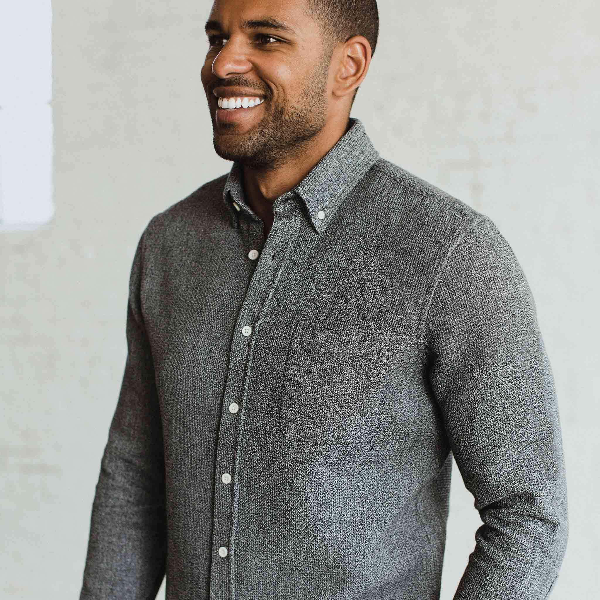 Our fir model wearing The Jack in Heather Ash Waffle from Taylor Stitch.