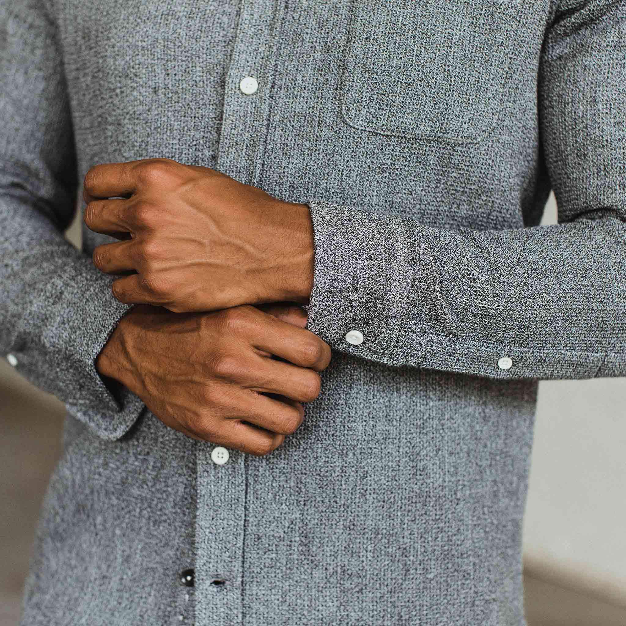 Our fir model wearing The Jack in Heather Ash Waffle from Taylor Stitch.