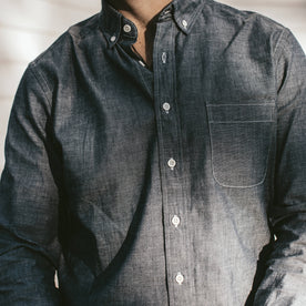 Our fit model wearing The Jack Shirt in Selvage Chambray.