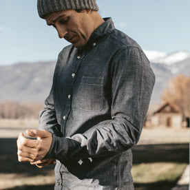 Our fit model wearing The Jack Shirt  in Selvage Chambray.