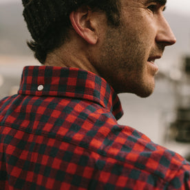 Our fit model wearing The Jack in Brushed Mini Navy Buffalo Check.