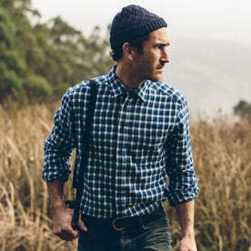 Our fit model wearing The California in Brushed Navy Plaid.