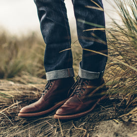 Our fit model wearing The Slim Jean in Organic '68 Selvage.
