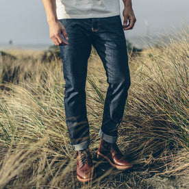 Our fit model wearing The Slim Jean in Organic '68 Selvage.