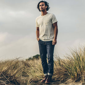 Our fit model wearing The Slim Jean in Organic '68 Selvage.